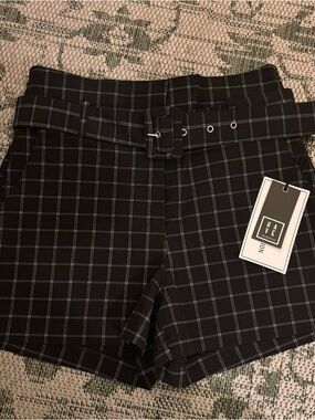 High-Waist Plaid Belted Shorts
